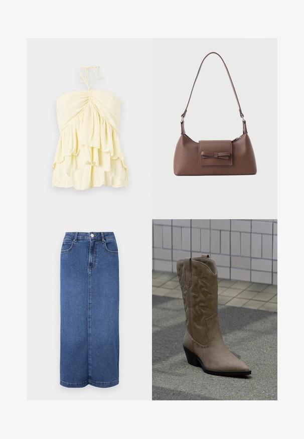 Gelbes, trägerloses Top mit gerafftem Mieder und geschichteten Volants. Hergestellt aus leichtem Stoff mit weicher Textur. Mit Knoten am Hals.; Maxi-Rock aus Denim in Dunkelblau, mit geradem Schnitt, Bund mit Knopfverschluss und minimalistischen Nähten.; Hoher Cowboy-Stiefel aus beigem Wildleder mit dekorativer Naht und Nietenakzenten, ausgestattet mit spitzer Spitze und schrägem schwarzem Absatz auf Asphalt.; Braune Leder-Umhängetasche mit einer vorderen Klappentasche, die ein gestepptes Schleifendetail und einen verstellbaren Riemen aufweist.
