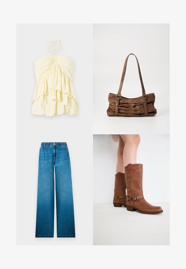 Gelbes, trägerloses Top mit gerafftem Mieder und geschichteten Volants. Hergestellt aus leichtem Stoff mit weicher Textur. Mit Knoten am Hals.; Weit geschnittene Jeans aus hellblauem Denim, mit einem elastischen Bund, einem Knopfverschluss und einem geraden Schnittdesign mit ausgeblichenem Effekt.; Braune Leder-Stiefeletten mit leicht spitz zulaufender Zehenpartie, dekorativen Schnallen und einem niedrigen gestapelten Absatz. Glatte Textur mit matter Oberfläche.; Even&Odd by Zalando Handtasche - brown