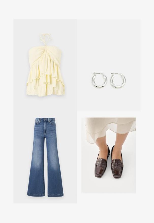 Gelbes, trägerloses Top mit gerafftem Mieder und geschichteten Volants. Hergestellt aus leichtem Stoff mit weicher Textur. Mit Knoten am Hals.; Good American GOOD WAIST PALAZZO COMPRESSION - Flared Jeans - indigo; Braune Leder-Loafers mit glänzendem Finish, quadratischer Spitze, gesteppten Akzenten und niedrigem, flachem Absatz.; Silberne Creolen mit glänzender Oberfläche, die eine kreisrunde Form haben und mit einem schwenkbaren Verschluss ausgestattet sind. Glatte Textur mit minimalen Details.