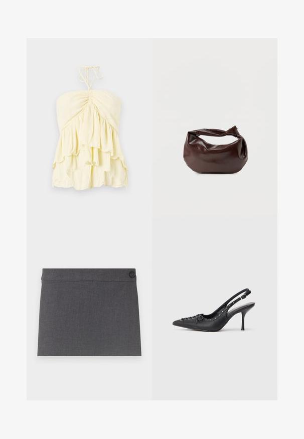 Top amarillo sin tirantes con cuerpo fruncido, que presenta volantes en capas. Fabricado con una tela ligera y de textura suave. Se ata al cuello.; Falda de tela gris con una textura suave, diseño recto y un solo botón negro en la cinturilla, con una estética limpia y simple.; Sandal de tacón stiletto negro de cuero con punta afilada, correa lateral con hebilla, tachuelas a lo largo del borde y cordones decorativos en la parte delantera.; Bolso de hombro de cuero marrón oscuro con una forma suave y caída, y un asa con nudo torcido sobre un fondo blanco liso.