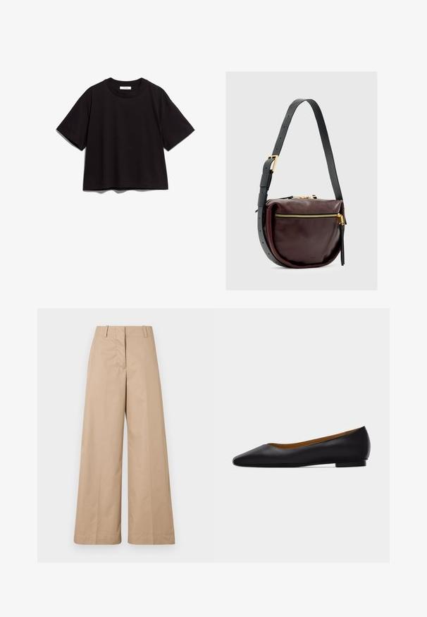 Zwart katoenen crop t-shirt met een ronde hals en korte mouwen. Heeft een relaxte pasvorm en een eenvoudig, onopgesmukt ontwerp.; Beige wijde broek van een gladde katoenstof, met een op maat gemaakte taille en een vlakke voorkant, ontworpen voor een relaxte pasvorm en strakke lijnen.; Zwarte leren puntschoen met lage hak en gladde afwerking, zijaanzicht op een lichtgrijze achtergrond.; Leren schoudertas in diep bordeaux met een ronde vorm. Voorzien van een gouden ritsluiting en een afneembare zwarte schouderriem met gouden hardware accenten.