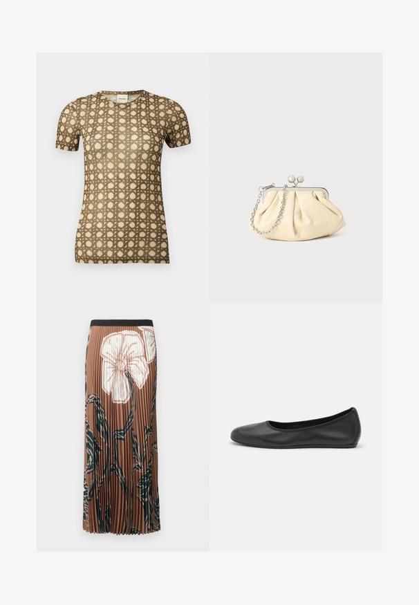 T-shirt beige à manches courtes avec un motif en treillis géométrique marron et un col rond.; Jupe midi plissée marron avec un grand imprimé floral blanc et des tiges abstraites vert foncé, dotée d'une ceinture noire.; Ballerines en cuir noir avec un bout rond, texture lisse, détails de couture minimalistes et design de semelle flexible.; Pochette en cuir beige plissé avec un cadre en métal argenté, dotée de deux fermoirs ronds décoratifs et d'une chaîne en argent.