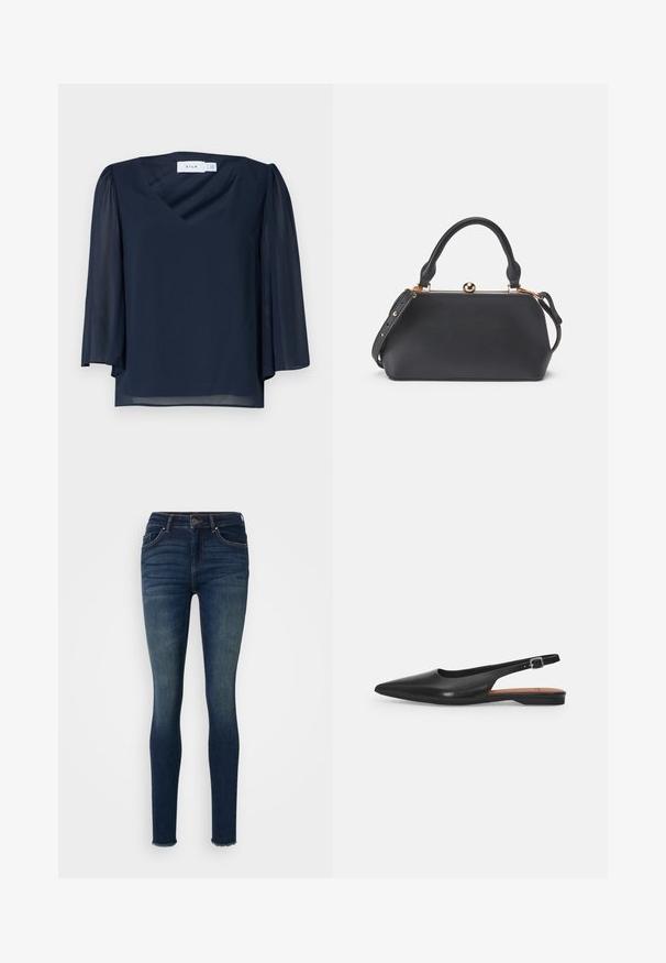 Blouse bleu marine avec un décolleté en V, des manches courtes bouffantes et un tissu léger. Présente une texture lisse et une coupe décontractée.; Jean skinny bleu foncé en denim, avec une taille mi-haute, un design à cinq poches et des ourlets effilochés. Texture lisse avec un léger délavage.; Chaussure slingback en cuir noir avec un bout pointu, un léger éclat et une bride de cheville réglable. Talon plat avec une semelle intérieure marron.; Sac à main en cuir noir avec un dessus arrondi, une courte poignée et une bandoulière amovible. Dispose d'un fermoir métallique et d'une texture lisse.