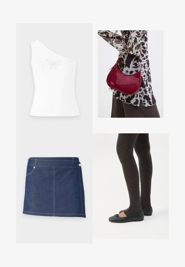 Eén-schouder witte top van gladde stof, met een vlinderontwerp dat aan de voorkant is versierd met kleine strass-steentjes.; Denim mini-rok in donkerblauw met witte stiksels, voorzien van een enkele voorzak en een metalen knoopsluiting bij de tailleband.; Benen met donkere geribbelde leggings gecombineerd met zwarte ballerina's met kleine strikdetails op een witte achtergrond.; Vrouw met een zwart-wit gebloemde blouse houdt een glanzende rode schoudertas vast tegen een effen achtergrond.