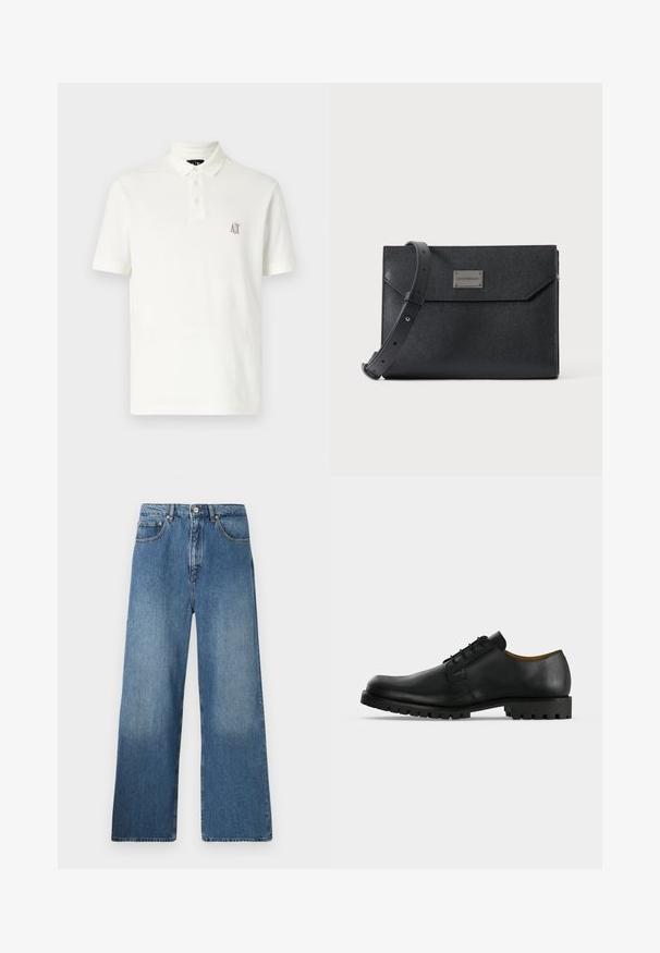 Witte polo met katoen, voorzien van een kraag met twee knopen, korte mouwen en een klein geborduurd logo in bruin op de linkerborst.; Lange blauwe denim jeans met een klassiek vijf-pocket ontwerp, voor sluiting met een knoop en een lichte vervaging voor textuur.; Zwart leren veterschoen met een dikke, geribbelde zool en lage hak, afgebeeld op een witte achtergrond.; Zwart getextureerde leren crossbody tas met verstelbare riem en metalen logo plaatje aan de voorkant, rechthoekige envelopstijl flap sluiting.
