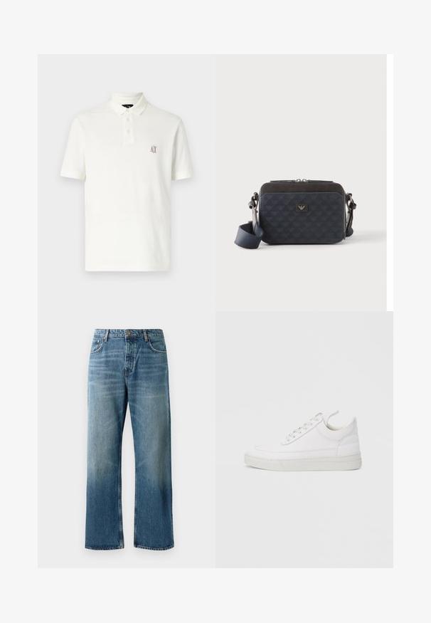 T-shirt polo blanc en coton, avec un col à deux boutons, des manches courtes et un petit logo brodé marron sur la poitrine gauche.; Jeans oversize bleu clair avec un délavage, featuring une fermeture à un bouton, cinq poches et des coutures contrastées.; Baskets en cuir blanc avec un embout arrondi, une semelle plate et un laçage à l'avant. Présentent des détails de couture et un col rembourré pour plus de confort.; Sac bandoulière rectangulaire bleu foncé avec sangle réglable, fermeture éclair et motif subtil du logo sur le panneau avant.