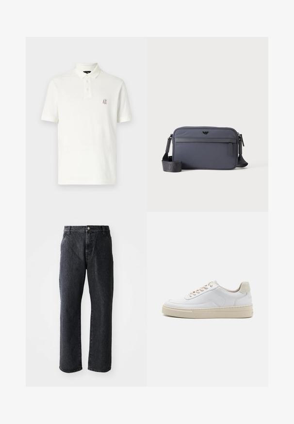 Weißes Poloshirt aus Baumwolle, mit einem Kragen mit zwei Knöpfen, kurzen Ärmeln und einem kleinen, braunen, gestickten Logo auf der linken Brust.; Schwarze Denim-Jeans mit geradem Schnitt, ausgestattet mit einem Knopfverschluss, fünf Taschen und subtiler Textur. Klassisches Design ohne auffällige Muster.; Weiße Sneaker mit einem glatten Lederobermaterial, beigen Schnürsenkeln und einer strukturierten, beigen Wildleder-Fersenschlaufe. Erhöhte Sohle für zusätzlichen Komfort.; Graue rechteckige Crossbody-Tasche mit vorderer Reißverschlusstasche, verstellbarem Schultergurt und kleinem schwarzem Logo vorne in der Mitte.