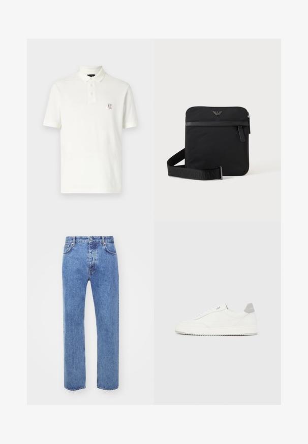 Witte polo met katoen, voorzien van een kraag met twee knopen, korte mouwen en een klein geborduurd logo in bruin op de linkerborst.; Won Hundred STEVE - Relaxed fit jeans - cut blue; Witte lage sneaker met grijze hielpatch, witte veters en een gestructureerde zool, gepresenteerd op een effen lichte achtergrond.; Zwarte vierkante schoudertas met ritssluiting, voorvak en verstelbare band met geperste merknaam.