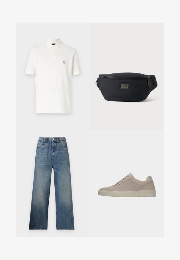 T-shirt polo blanc en coton, avec un col à deux boutons, des manches courtes et un petit logo brodé marron sur la poitrine gauche.; Jean large en denim bleu à taille haute, avec une légère décoloration, cinq poches et une fermeture à bouton en métal à l'avant.; Baskets en daim beige avec une finition texturée, un bout arrondi et des lacets ton sur ton. Elles présentent une semelle en caoutchouc épaisse et un branding discret sur le talon.; Sac banane en tissu noir avec fermeture éclair frontale et petite plaque métallique du logo au centre, présenté sur un fond uni.