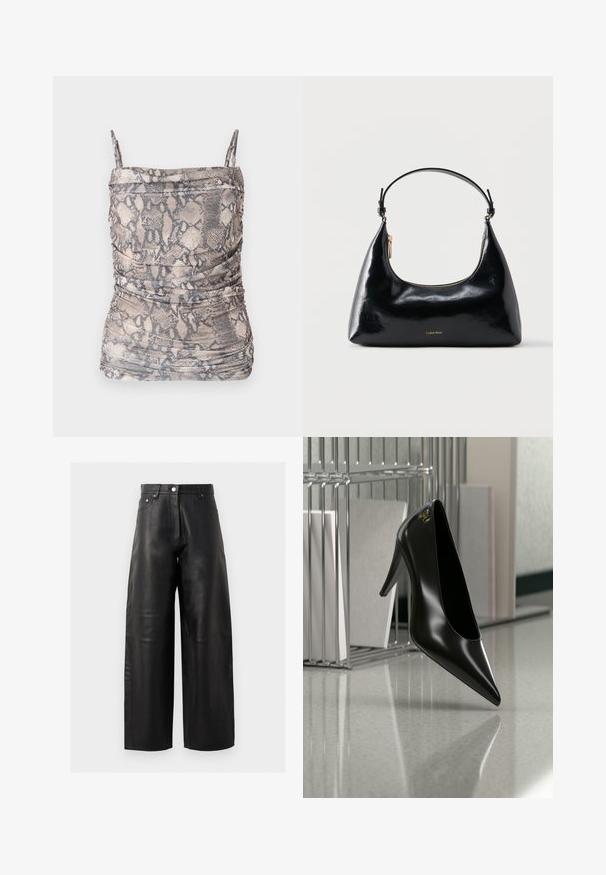 Haut à imprimé serpent brun et gris avec des fines bretelles, présentant des détails froncés et un tissu doux et texturé.; Pantalons larges en cuir noir avec taille haute, poches avant et détails de couture subtils. La texture lisse met en valeur le design.; Chaussure noire à talon haut avec bout pointu et logo doré, posée sur une surface réfléchissante près d'un organiseur de dossiers en fil chromé contenant des documents.; Sac à main Calvin Klein noir brillant avec fermeture éclair dorée et anse courte sur fond blanc uni.