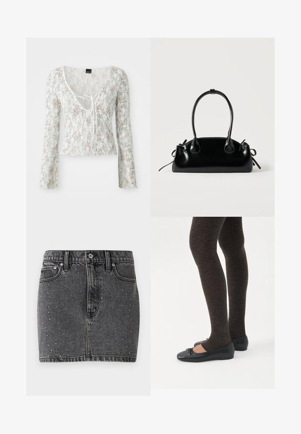 Witte kanten top met lange mouwen, bloemenpatroon in lichtroze en groen, V-hals met strikdetail, gegolfde zoom.; Donkergrijze denim rok met zilveren studs. Heeft een getailleerde pasvorm, klassiek vijfzakdesign en riemlussen.; Benen met donkere geribbelde leggings gecombineerd met zwarte ballerina's met kleine strikdetails op een witte achtergrond.; Kleine zwarte glanzende handtas met twee lange hengsels en zijkant trekkoord details op een effen lichte achtergrond.