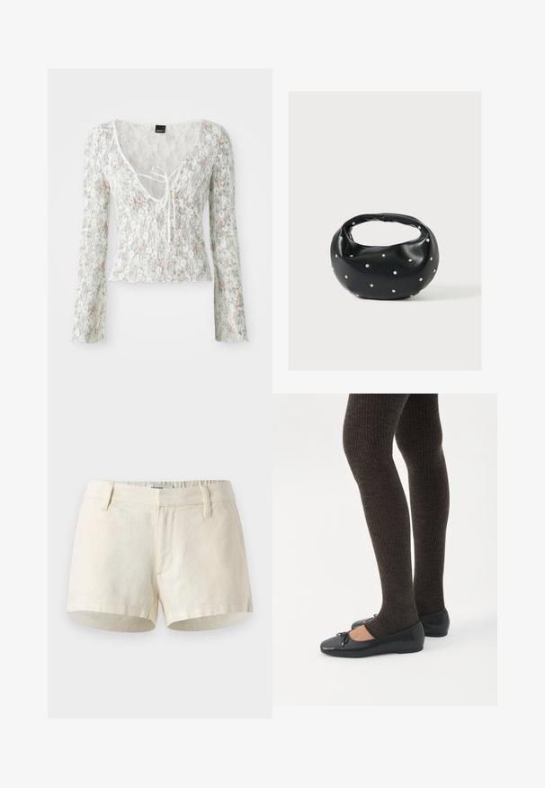 Hvid blondebluse med lange ærmer, blomsterprint i lyserød og grøn, V-hals med bindebånd, bølget kant.; Lys beige shorts lavet af linned. Har en flad talje, frontlommer og en ren kant. Simpelt, minimalistisk design.; Ben iført mørke ribbede leggings kombineret med sorte balletsko med små sløjfedetaljer på hvid baggrund.; Sort læderhåndtaske med en rundet form, dekoreret med sølvnitter, og et kort håndtag. Glat tekstur og lynlåslukning.