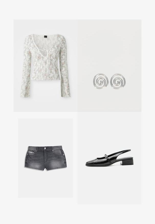 Witte kanten top met lange mouwen, bloemenpatroon in lichtroze en groen, V-hals met strikdetail, gegolfde zoom.; Donkere grijze denimshorts met een klassieke snit, een ontwerp met vijf zakken, knoopsluiting en subtiele vervaging over de stof.; Zwarte lakleren slingback schoen met een lage blokhak en een dunne band met zilveren gesp bovenop.; Een paar zilveren spiraalvormige oorringen met een glad, afgerond ontwerp op een effen witte achtergrond.