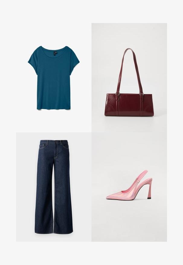 Camiseta de manga corta de color verde azulado con escote redondo, hecha de tela suave, con un corte holgado y una textura lisa.; Jeans de pierna ancha en denim azul oscuro. Presenta costuras en contraste, cinco bolsillos y un cierre de botón en la cintura. Textura suave.; Zapato de tacón destalonado rosa hecho de material iridescente con punta afilada, tacón delgado y correa elástica para un ajuste perfecto. Textura suave con acabado brillante.; Bolso burdeos hecho de material brillante, de forma rectangular, con dos asas para el hombro y sutiles acentos curvados en la parte frontal.