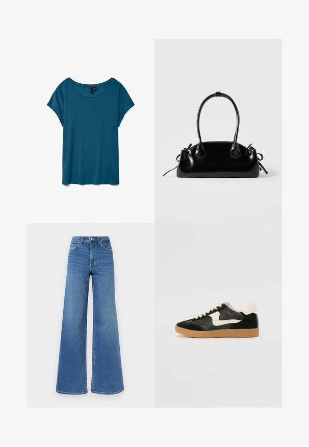 Teal t-shirt met korte mouwen en een ronde halslijn, gemaakt van zachte stof, met een ontspannen pasvorm en een gladde textuur.; Blauwe denim jeans met hoge taille en wijde pijpen, vooraan een knoop- en ritssluiting, en zakken aan zowel de voorkant als achterkant.; Zwarte suède en leren sneaker met een crèmekleurige zij-swoosh en lichte crèmekleurige hiel. Voorzien van beige veters en een gumrubberen zool.; Kleine zwarte glanzende handtas met twee lange hengsels en zijkant trekkoord details op een effen lichte achtergrond.