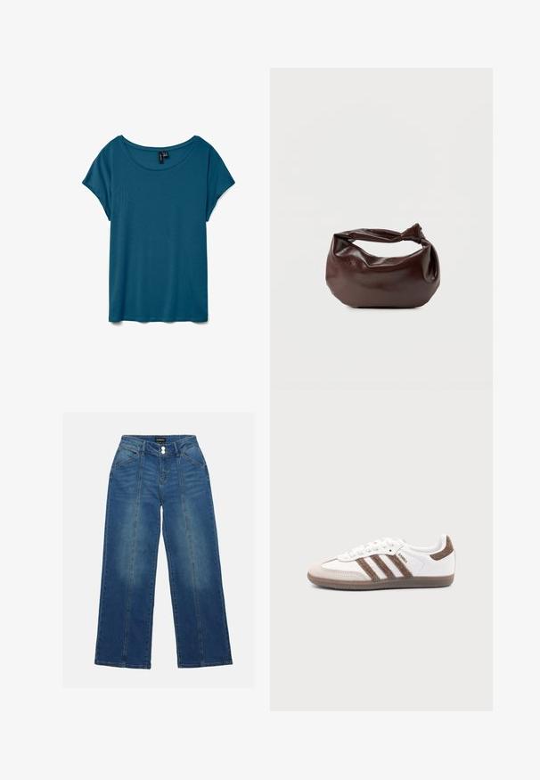 T-shirt teal à manches courtes avec un col rond, fabriqué en tissu doux, offrant une coupe décontractée et une texture lisse.; Jean en denim bleu à taille haute et jambes larges, avec deux boutons, des poches avant et des coutures contrastées à l'avant.; Baskets Adidas Samba blanches avec des bandes en daim marron, semelle en caoutchouc marron et bout en daim beige, vues du côté extérieur sur un fond uni.; Sac bandoulière en cuir marron foncé avec une forme souple et décontractée et une anse nouée torsadée sur un fond blanc uni.