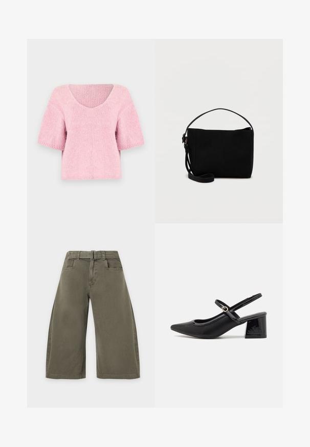 Pull côtelé rose pâle à manches courtes avec un large col en V et une coupe ample, légèrement carrée.; Pantalon court ample vert olive avec poches devant et ceinture en tissu assortie à la taille.; Escarpins slingback en cuir verni noir avec un embout pointu, un design à découpes arrondies et un talon carré. Présente un accent de boucle en ton doré.; Sac à main rectangulaire noir avec une courte poignée et une bandoulière amovible, présenté sur un fond clair uni.