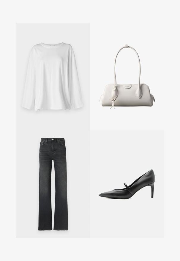 Camisa blanca de manga larga hecha de algodón suave, con un escote redondo, corte holgado y aberturas laterales para mayor comodidad en el movimiento.; Vaqueros de mezclilla negra de talle alto con pierna recta, que presentan costuras clásicas y un diseño de cinco bolsillos. Textura suave con un desgaste mínimo.; Zapato de tacón alto de cuero negro con punta puntiaguda, con tira fina y hebilla sobre el empeine, sobre fondo claro y neutro.; Bolso de hombro blanco de Calvin Klein con asas largas, forma rectangular, cierre de cremallera y charm decorativo con el logo colgando cerca del asa.
