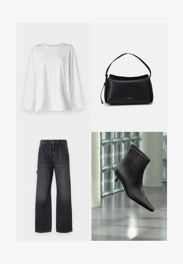 Camisa blanca de manga larga hecha de algodón suave, con un escote redondo, corte holgado y aberturas laterales para mayor comodidad en el movimiento.; Jeans de pierna ancha en denim gris oscuro, con una cintura alta, bolsillos frontales y un sutil desgaste en los muslos. Detalle de costura en contraste.; Bota de cuero negro para el tobillo con puntera puntiaguda y tacón pequeño, exhibida frente a una pared de bloques de vidrio y un suelo pulido.; Bolso de mano de cuero negro con una forma curva, una sola correa y un cierre de cremallera en la parte superior. Presenta un logo sutil en la parte delantera para la marca.