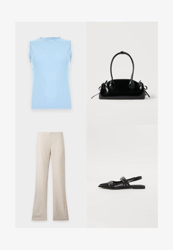 Haut tricoté sans manches bleu clair avec un motif vertical subtil et un petit volant sur l'encolure et les emmanchures.; Pantalon en lin beige à jambe droite et fermeture avant dissimulée, présenté à plat sur un fond clair uni. Pas de poches ni de détails visibles.; Even&Odd by Zalando Ballerines à brides arrière - black; Petit sac à main noir brillant avec deux longues anses et des détails à cordon sur les côtés sur un fond clair uni.