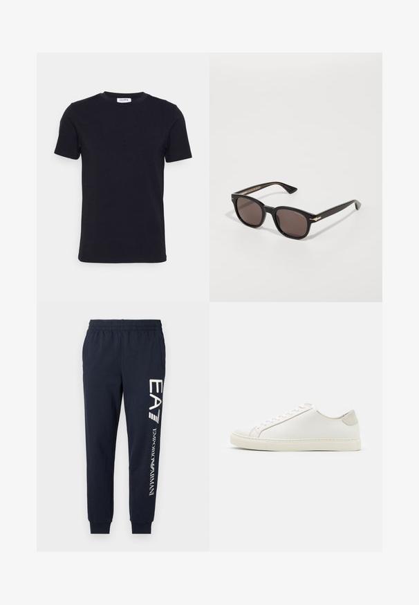 Schwarzes T-Shirt mit kurzen Ärmeln und Rundhalsausschnitt, mit einem kleinen weißen Etikett auf der Innenseite des Kragens.; Marineblaue Baumwoll-Jogginghosen mit elastischem Bund, schmal zulaufenden Beinen und kontrastierenden weißen EA7 und Emporio Armani-Logos, die entlang der Seite aufgedruckt sind.; Weiße Leder Sneakers mit glatter Oberfläche, runder Zehenform und minimalistischem Design. Mit beigen Akzenten an der Ferse und einer Gummisohle.; Schwarze Sonnenbrille mit einem runden Rahmen, braun getönten Gläsern und goldenen Akzenten an den Bügeln. Texturierte schwarze Bügel mit einem markanten Design.