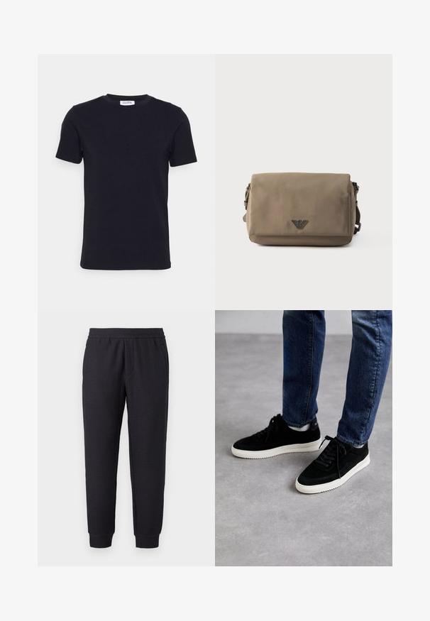 Schwarzes T-Shirt mit kurzen Ärmeln und Rundhalsausschnitt, mit einem kleinen weißen Etikett auf der Innenseite des Kragens.; Schwarze, verjüngte Sweatpants mit elastischem Bund und Bündchen, mit subtil strukturiertem Muster und seitlichen Taschen.; Schwarze Wildledersneaker mit einer weißen Gummisohle, die ein klassisches Low-Top-Design, eine abgerundete Spitze und flache schwarze Schnürsenkel aufweisen.; Rechteckige Crossbody-Tasche in Taupe mit Klappverschluss und kleinem Metall-Logo-Emblem mittig auf der Vorderseite vor weißem Hintergrund.