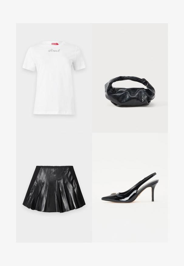 T-shirt blanc à manches courtes Diesel avec un petit logo Diesel en strass centré près de l'encolure et une étiquette rouge à l'intérieur du col.; Jupe plissée noire avec un devant en cuir brillant et une ceinture noire unie ornée d'un petit détail métallique. Des panneaux en cuir texturé rehaussent le design.; Escarpins à talons slingback en cuir verni noir avec un bout pointu, un talon aiguille élancé et un ornement décoratif sur la tige.; Sac noir en matériau texturé et brillant avec une poignée circulaire torsadée et une fermeture éclair. Présente un design doux et froissé.