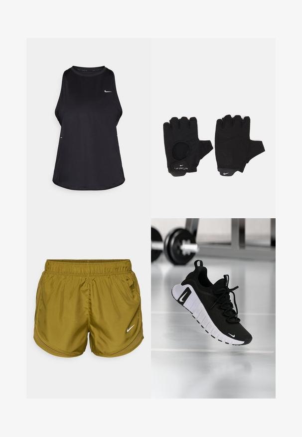 Camiseta de running sin mangas en color negro, fabricada con material ligero y con cuello redondo; cuenta con un logo sutil y aberturas laterales para mayor transpirabilidad.; Bermudas atléticas de color verde oliva, confeccionadas en una tela suave, con una cinturilla elástica y acentos de malla en los laterales. Incluyen un logo blanco de Nike.; Zapatilla deportiva negra con parte superior de tela texturizada, suela blanca y sistema de cordones prominente. Presenta un logo de Nike y un diseño suave y acolchado.; Guantes sin dedos negros con un diseño texturizado. Hechos de un material transpirable, cuentan con un orificio para el pulgar y una palma reforzada para mejorar el agarre.