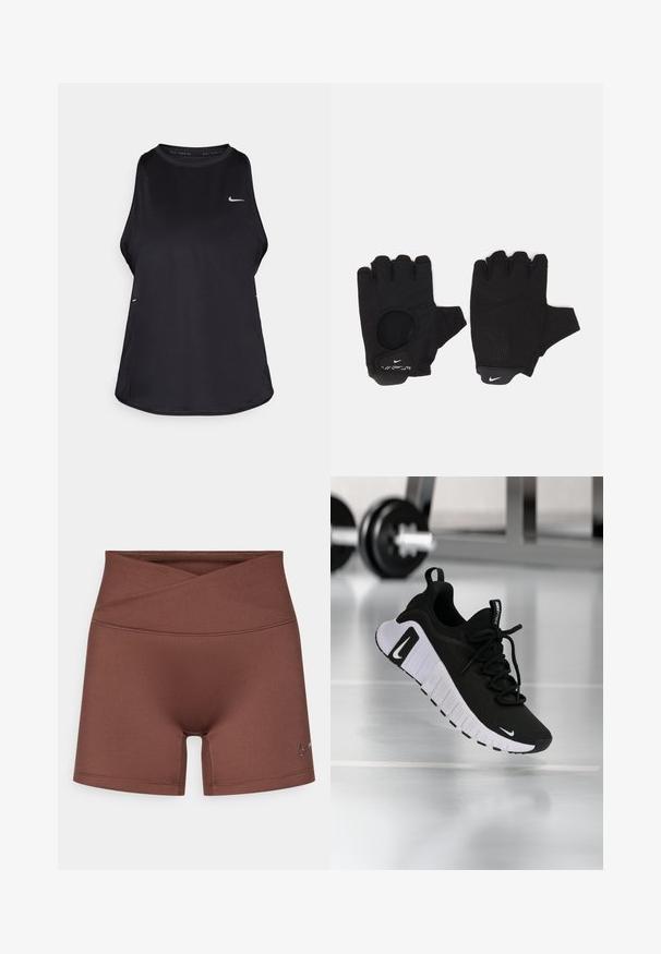 Débardeur de course sans manches noir, fabriqué dans un matériau léger, avec un col rond ; présente un logo discret et des fentes sur les côtés pour une meilleure respirabilité.; Shorts de sport marron avec une taille haute et un design croisé à l'avant. Fabriqués en matériau lisse et extensible. Présentent un petit logo sur le côté.; Chaussure de sport noire avec une tige en tissu texturé, une semelle blanche et un système de laçage prononcé. Présente un logo Nike et un design doux et rembourré.; Gants sans doigts noirs avec un design texturé. Fabriqués en matériau respirant, dotés d'un trou pour le pouce et d'une paume renforcée pour une meilleure prise.