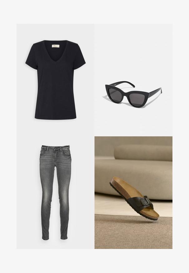 T-shirt noir à manches courtes avec col en V, ourlet droit et petite étiquette de marque à l'intérieur du col.; Jean en denim gris avec une coupe skinny, présentant une légère texture décolorée, des poches avant et une fermeture à glissière avec un bouton.; Sandale à semelle en liège marron unique avec une sangle en cuir noire et une boucle métallique, flottant au-dessus d'un tapis beige devant un canapé beige.; Lunettes de soleil noires en forme d'œil de chat avec une finition mate, dotées de verres teintés gris, d'angles aigus et de branches élégantes. Nom de la marque visible sur la branche intérieure.