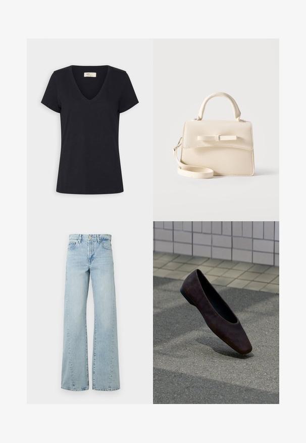 Camiseta negra de manga corta con cuello en V, dobladillo recto y una pequeña etiqueta de marca en el interior del cuello.; Jeans de tiro ancho de color azul claro, fabricados en denim, con cierre de botón, bolsillos delanteros y áreas desgastadas para textura y detalle.; Zapato plano marrón oscuro flotando sobre un suelo texturizado con una pared de azulejos de fondo.; Pequeño bolso beige con asa superior, correa desmontable, solapa frontal y lazo decorativo horizontal sobre un fondo liso.