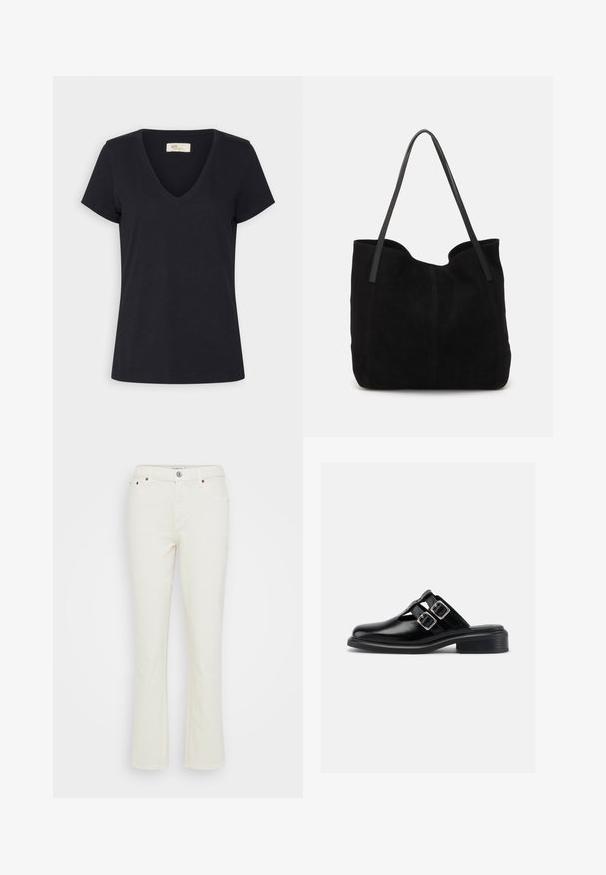 T-shirt noir à manches courtes avec col en V, ourlet droit et petite étiquette de marque à l'intérieur du col.; Jean en denim blanc évasés avec une finition texturée, design à cinq poches, fermeture à bouton métallique et détails de couture subtils sur les coutures.; Chaussure à enfiler en cuir noir avec deux boucles argentées, côtés ouverts, bout rond et talon bas empilé, montrée de profil sur fond blanc.; Sac fourre-tout en suède noir avec deux longues anses en cuir plates. Présente un bord supérieur incurvé et des coutures visibles sur le devant. Pas d'accents en métal.