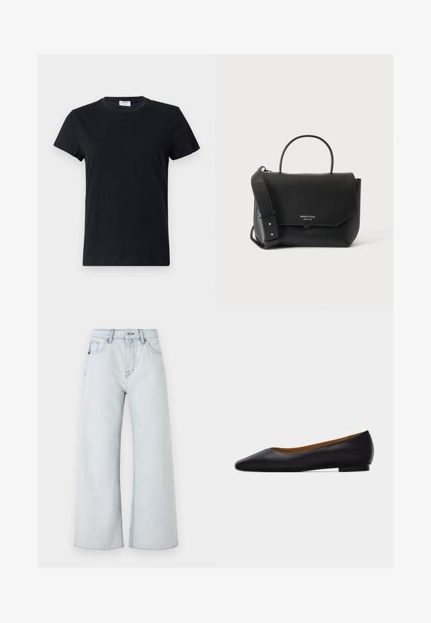 T-shirt noir à manches courtes en coton, avec un col rond et une texture simple et lisse, sans motif imprimé ni accents.; Jean léger bleu clair avec une coupe large, fabriqué en denim. Comprend un style à cinq poches, des passants de ceinture et une fermeture à bouton.; Chaussure plate en cuir noir à bout pointu avec talon bas et finition lisse, vue de côté sur un fond gris clair.; Sac à main en cuir noir avec fermeture par rabat, poignée unique sur le dessus, large bandoulière réglable et petit logo argenté sur le devant.