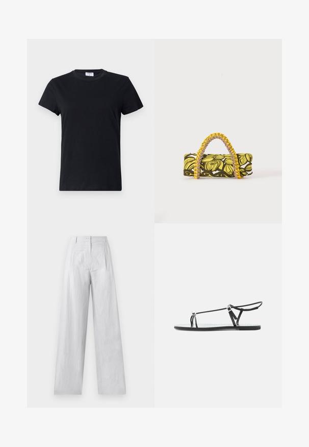 T-shirt noir à manches courtes en coton, avec un col rond et une texture simple et lisse, sans motif imprimé ni accents.; Pantalons larges en lin blanc avec une fermeture à bouton sur le devant, des plis à la taille et un tissu légèrement texturé.; Sandale plate noire avec fines lanières, une boucle pour les orteils et une boucle de cheville ajustable sur un fond gris clair.; Sac rectangulaire avec motif floral jaune et noir et anse tressée jaune et rose sur fond blanc.