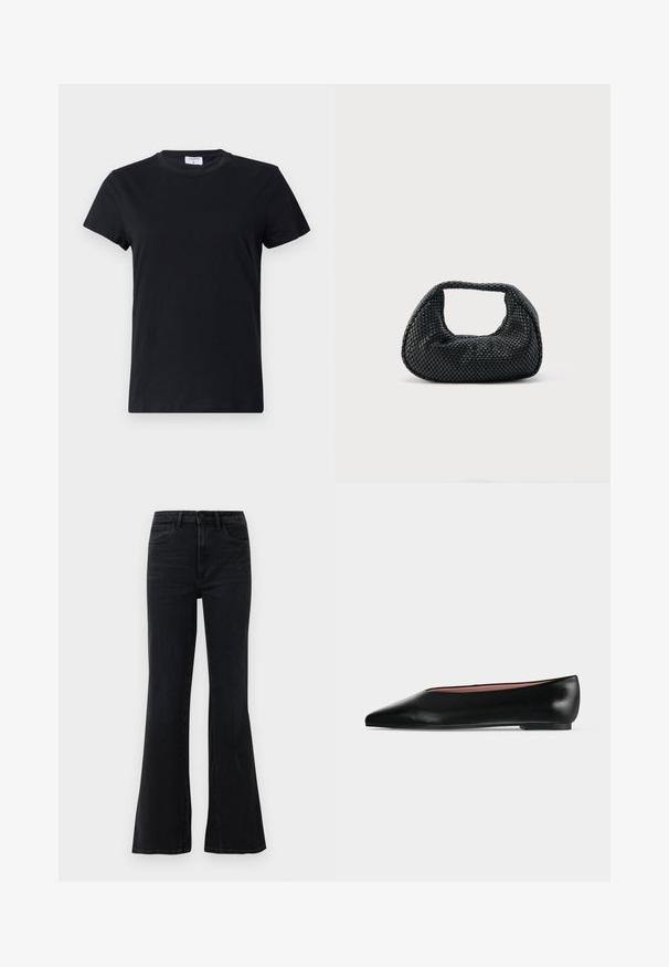 T-shirt noir à manches courtes en coton, avec un col rond et une texture simple et lisse, sans motif imprimé ni accents.; Jean flair noir taille haute avec poches avant, passants de ceinture et fermeture à bouton sur fond blanc.; Chaussure plate en cuir noir pour femme, avec bout pointu et petit talon, vue de côté sur un fond gris clair uni.; Sac hobo tissé noir avec une structure souple et une poignée intégrée, présenté sur un fond clair uni.