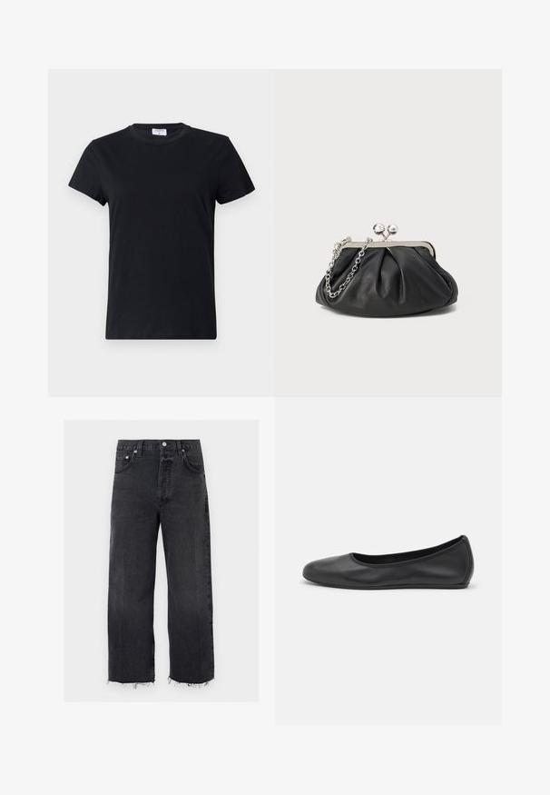 T-shirt noir à manches courtes en coton, avec un col rond et une texture simple et lisse, sans motif imprimé ni accents.; Jean noir taille haute à jambes larges, ourlet brut, bouton devant, fermeture éclair et design cinq poches.; Ballerines en cuir noir avec un bout rond, texture lisse, détails de couture minimalistes et design de semelle flexible.; Porte-monnaie en cuir noir avec texture froncée, cadre en métal argenté, fermeture à verrouillage kiss-lock et bandoulière en chaîne. Surface lisse et douce.