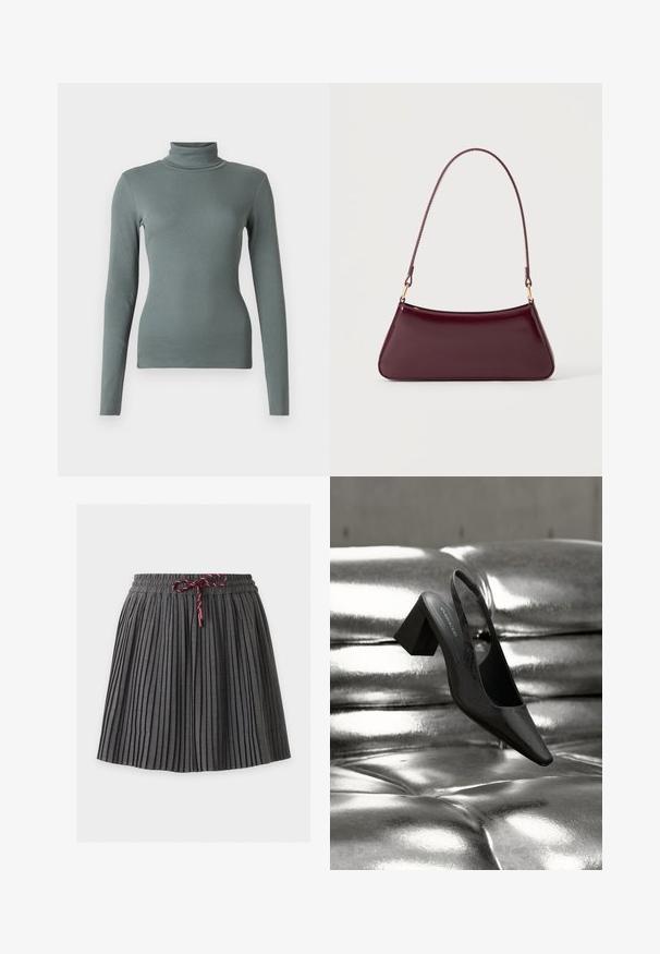 Haut à manches longues en tissu côtelé vert doux et texturé. Conception ajustée avec un col haut et une construction sans coutures.; Jupe plissée gris foncé avec une taille élastique et un cordon bordeaux noué au centre devant.; Escarpin noir à bride arrière avec bout pointu, présentant une surface texturée et un talon bloc épais. Posé sur un fond métallique brillant.; Sac à main brillant bordeaux foncé avec une anse fine unique et une forme trapézoïdale élégante sur un fond clair uni.