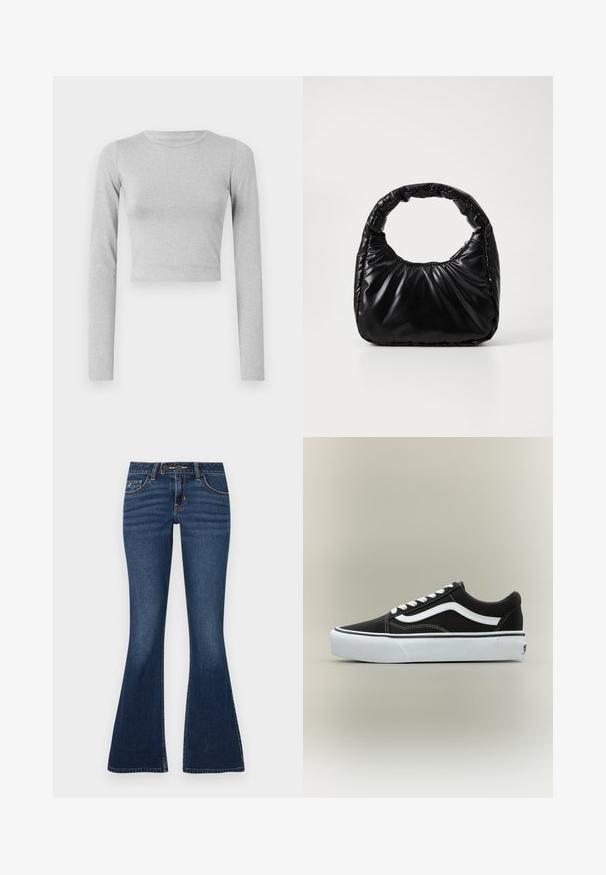 Lys grå cropped langærmet top lavet af et strækmateriale, med en enkel rund halsudskæring og en glat tekstur.; Flared jeans i mørkeblå denim med et klassisk fem-lomme-design, kontrastsyninger og lynlås med knaplukning.; Lavtop sort sneaker med hvid side stribe, hvide snørebånd, hvid gummisål og tekstureret tåhætte på neutral baggrund.; Sort polstret håndtaske med et rundt håndtag, der har en glat, skinnende overflade og en blød, kviltet tekstur. Ingen synlige hardware eller accenter.