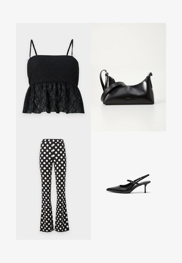Haut en dentelle noire à peplum avec des bretelles fines et ajustables, présentant un motif floral texturé et un ourlet évasé. Doublure lisse visible en dessous.; Pantalon noir évasé avec de grands pois blancs et une taille élastique, présenté sur un fond clair uni.; Talons aiguilles noires en cuir avec un bout pointu, une fine bride réglable, et un talon aiguille d'environ 5 cm, texture lisse.; Sac à main en cuir noir avec une texture lisse. Dispose d'une bandoulière adjustable et d'un design élégant et minimaliste avec une fermeture éclair.
