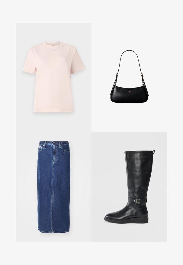 Svetloružové bavlnené tričko s okrúhlym výstrihom, krátkymi rukávmi a malým logom "Calvin Klein" natlačeným v zodpovedajúcej farbe na hrudi.; Džínová sukňa v tmavomodrej farbe, po kolená, s predným rozparkom, tradičným pásom a dizajnom s piatimi vreckami a kontrastným prešívaním.; Čierne kožené čižmy po kolená s nízkym podpätkom, okrúhlou špičkou a kovovou sponou s logom "CK" okolo členku.; Čierna kožená mini kabelka cez rameno s tenkým remienkom a malým zlatým logom CK v strede na prednej strane.