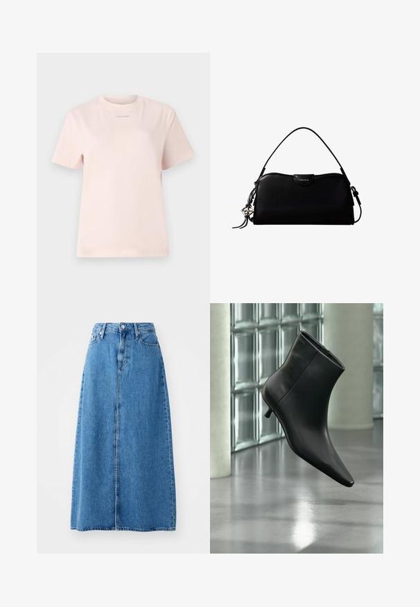 Helles rosa Baumwoll-T-Shirt mit Rundhalsausschnitt, kurzen Ärmeln und einem kleinen, im passenden Farbton auf der Brust bedruckten "Calvin Klein"-Logo.; Maxi-Rock aus blauer Jeans mit einem knopfverschluss vorne, zwei Taschen und einem geraden Schnitt mit rohem Saum. Klassisch und vielseitig.; Schwarzer Leder-Stiefelette mit spitzer Zehenpartie und niedrigem Kitten-Heel, schräg dargestellt vor einem polierten Boden und einer Glasbausteinwand.; Schwarze, rechteckige Calvin Klein Handtasche mit einem einzelnen Tragegriff oben, silbernem Logo-Anhänger und kleinem Klappverschluss auf der Vorderseite.