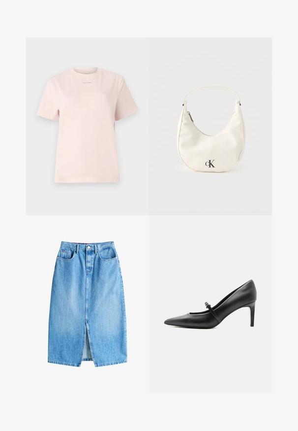 Helles rosa Baumwoll-T-Shirt mit Rundhalsausschnitt, kurzen Ärmeln und einem kleinen, im passenden Farbton auf der Brust bedruckten "Calvin Klein"-Logo.; Hellblaue Jeansrock mit einem vorderen Schlitz, fünf Taschen und einem Knopfverschluss. Mit einem klassischen geraden Schnitt und fransigem Saum.; Schwarzer Leder-Pumps mit spitzer Zehenpartie, dünnem Riemen und Schnalle über dem Spann, stehend auf hellem neutralem Hintergrund.; Kleine weiße halbmondenförmige Handtasche mit kurzem Trageriemen, Reißverschluss und schwarzem "cK"-Logo auf der Vorderseite.