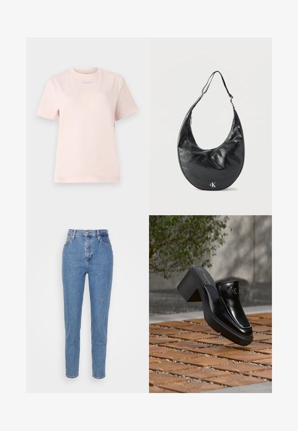 Lyserød bomulds t-shirt med rund hals, korte ærmer og et lille "Calvin Klein" logo trykt i en matchende farve på brystet.; Blå højtaljede lige jeans med frontknap og lynlås, bæltestropper og lommer, præsenteret på en ensfarvet hvid baggrund.; Sort læder Calvin Klein slip-on mule med blokhæl, der hviler på trætøj udendørs nær en grøn plante og en grå væg.; Sort læder skuldertaske i halvmåneform med justerbar rem og sølvfarvet "cK"-logo foran, mod hvid baggrund.