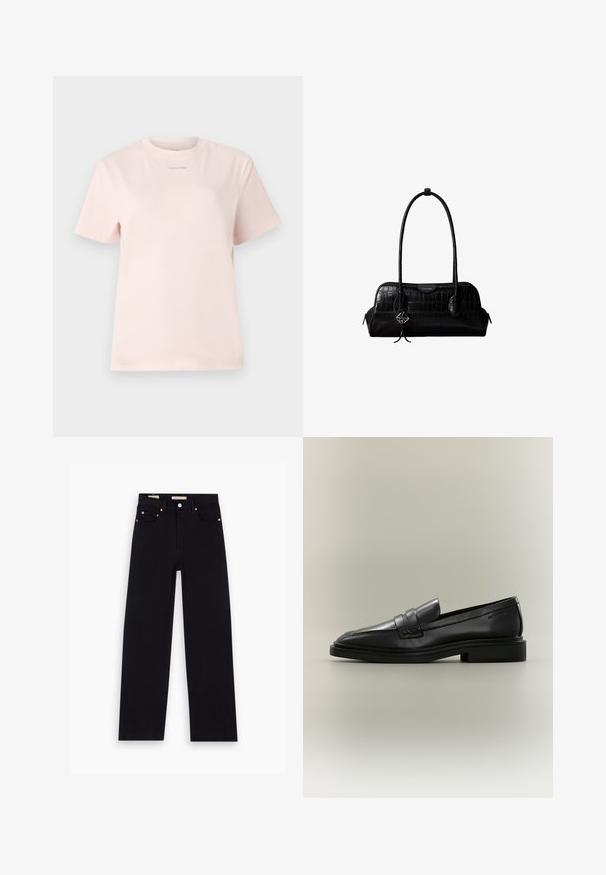 Lyserød bomulds t-shirt med rund hals, korte ærmer og et lille "Calvin Klein" logo trykt i en matchende farve på brystet.; Sorte denim jeans med lige pasform, fem lommer, kobberdetaljer og en glat tekstur. To mærker synlige på taljebåndet.; Sort læder penny loafer med lav hæl, rundet tå og syede detaljer på en neutral baggrund.; Sort skuldertaske i krokodillelæder med lange stropper og lille sølvlogo-charm på den ene strop.