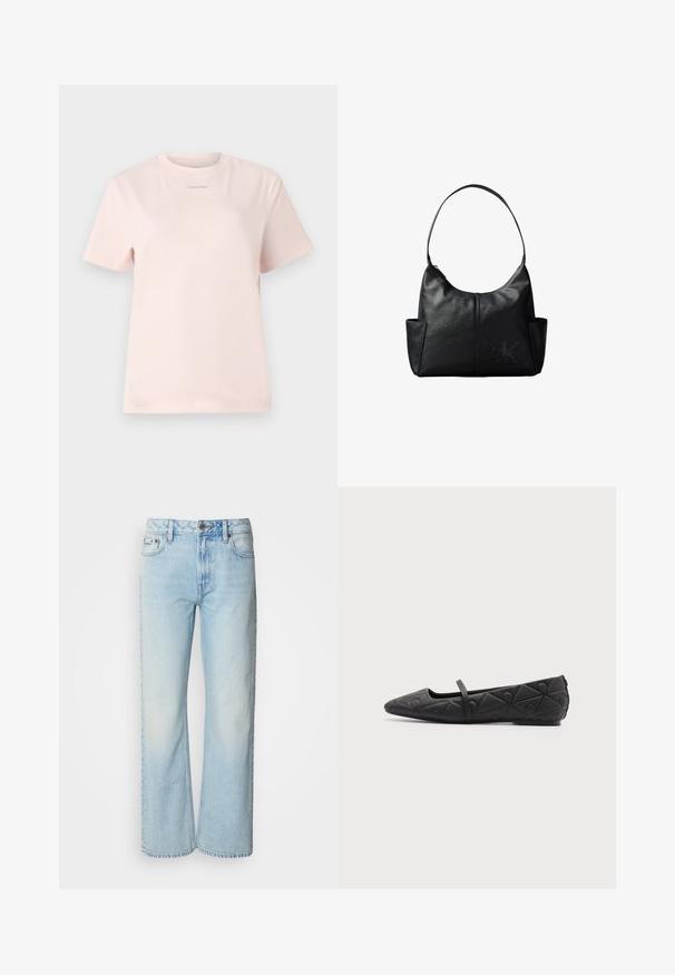 Helles rosa Baumwoll-T-Shirt mit Rundhalsausschnitt, kurzen Ärmeln und einem kleinen, im passenden Farbton auf der Brust bedruckten "Calvin Klein"-Logo.; Helle blaue weit geschnittene Jeans aus Denim, mit einem klassischen Fünf-Taschen-Design und einer dezenten, gewaschenen Textur. Die Denim-Nähte sind sichtbar.; Schwarzer flacher Schuh mit spitzer Spitze, gestepptem geometrischem Muster und dünnem Riemen über dem Spann vor einfarbigem Hintergrund.; Schwarze Leder-Umhängetasche mit einem einzelnen Schulterriemen, Seitentaschen und einem dezent geprägten Calvin Klein-Logo vorne unten rechts.