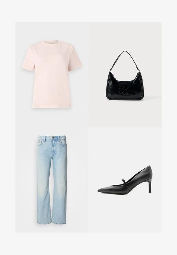 Lichtroze katoenen t-shirt met een ronde hals, korte mouwen, en een klein "Calvin Klein" logo gedrukt in een bijpassende kleur op de borst.; Lichtblauwe wijde jeans van denim, voorzien van een klassiek vijf-pocket ontwerp en een subtiele vervaagde textuur. Denimstiksels zijn zichtbaar.; Zwarte leren pumps met puntige neus, dunne riem en gesp over de wreef, staand op een neutrale lichte achtergrond.; Zwarte gepatenteerde leren handtas met een gebogen bovenhandgreep, ritsafsluiting en reliëf "cK" logo aan de voorkant. Gladde textuur, gestructureerde vorm.