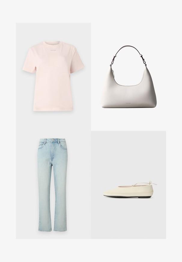 Lyserød bomulds t-shirt med rund hals, korte ærmer og et lille "Calvin Klein" logo trykt i en matchende farve på brystet.; Lyseblå jeans med høj talje og lige ben, med forreste knap, bæltestropper og klassisk femlomme design mod en ensfarvet baggrund.; Cremefarvede flade sko med rund tå, ankelrem og kontrasterende sort gummisål. Glat materiale med minimal detaljer.; Cremefarvet skuldertaske i læder fra Calvin Klein med buet topkant, sølvfarvet lynlås og mørkebrun justerbar rem.