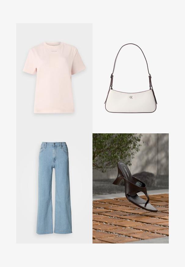Lyserød bomulds t-shirt med rund hals, korte ærmer og et lille "Calvin Klein" logo trykt i en matchende farve på brystet.; Lyseblå vidde jeans lavet af denim, med en tætsiddende talje, fem-lomme design og subtile syningsdetaljer.; Brun Calvin Klein hælet thong sandal svævende over træflise og grus udendørs med sløret grønt og stenmur i baggrunden.; Hvid skuldertaske i læder med mørkebrun kant og justerbar rem, med lille sølvfarvet "cK" logo midt på fronten.