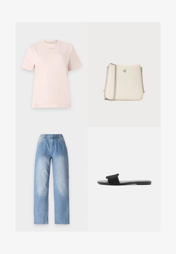 Heled roosa puuvillane T-särk ümmarguse kaeluse, lühikeste varrukatega ja rinnal väikese samasuguse värvi "Calvin Klein" logo trükiga.; Heledsinine teksapüksid, millel on kõrge vöökohaga disain, sirge sääre siluett ja peen kulumise efekt ülemisel esipool, et anda lisatekstuuri.; Mustad lame liug-sandaalid lai rihmaga üle jala ja ruudukujulise varbaga, valgel taustal.; Valge faux nahast käekott, millel on kaarjas kuju. Omab hõbedast kettvööd ja väikest logo aktsenti ees. Puhtad jooned.
