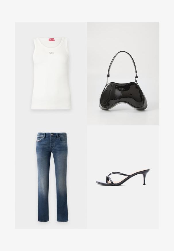 Débardeur blanc à texture côtelée, encolure ronde, sans manches et orné d'un logo argenté sur la poitrine. Étiquette de marque rouge au col.; Jean en denim bleu foncé avec une coupe droite, présentant des détails de décoloration légère sur les cuisses et un style classique à cinq poches.; Sandale à talon en cuir verni noir avec fines lanières croisées et talon aiguille moyen et élancé sur fond blanc.; Sac à main en cuir verni noir avec une forme incurvée unique, une anse courte et ajustable, et une fermeture zippée. Texture lisse avec un branding discret.